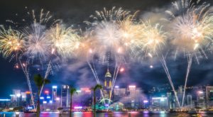 Crowd watching fireworks light up the sky over the St. Johns River in Northeast Florida on July 4th 2025.