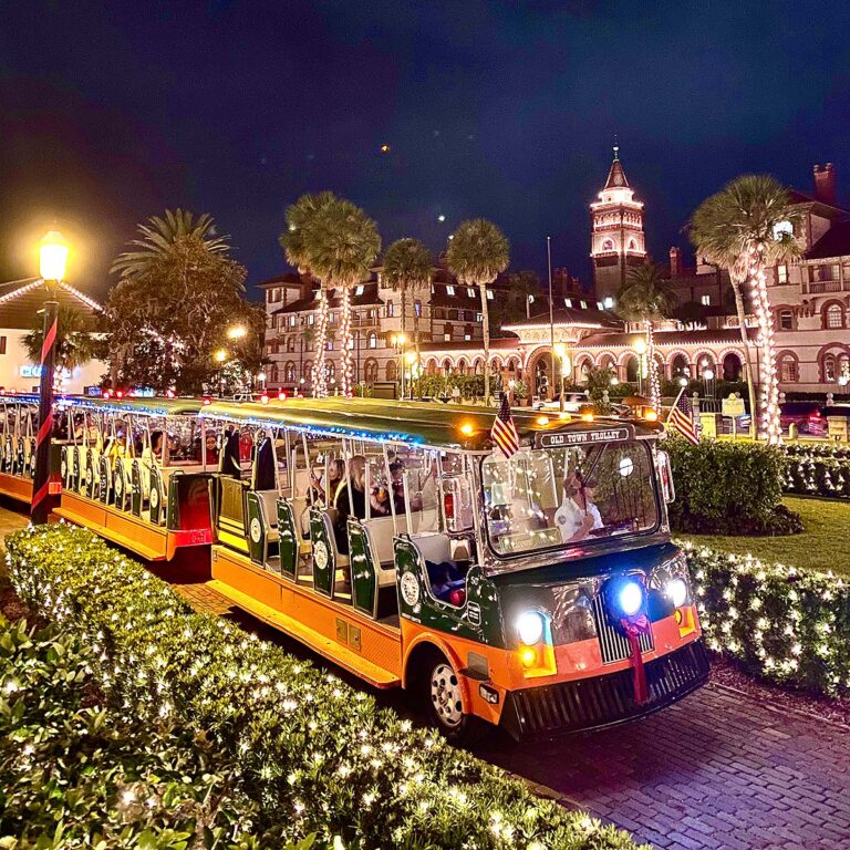 Guests riding a trolly at the St. Augustine Night of Lights Festival