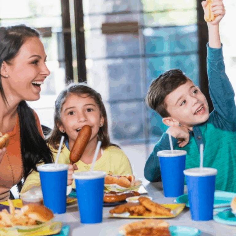 Family eating at Adventure Landing Grill, a fun family friendly restaurant in Northeast Florida